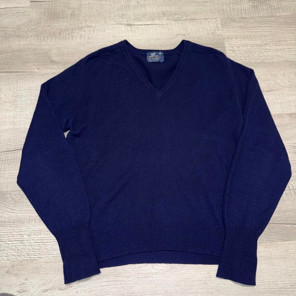 Vintage 1980s Lord Jeff 100% Pure Cashmere Navy Blue V-Neck Sweater Size Large